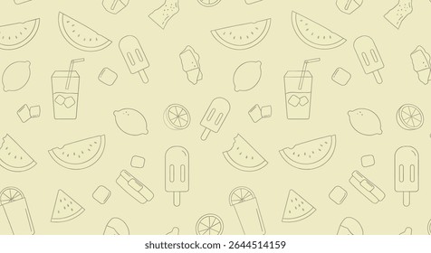 Um padrão sem costura de delineados doces de verão: fatias de melancia, limões, pops de gelo e uma bebida com cubos de gelo e uma palha.