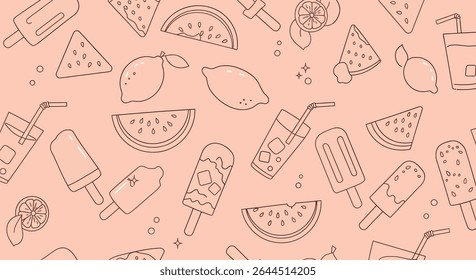 Um padrão sem costura de delineados doces de verão: picolés, fatias de melancia, copos de limonada com palhas e citrinos inteiros e fatiados.