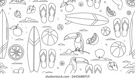Patrón sin fisuras con tucanes perfilados, tablas de surf, pelotas de playa, chanclas, naranjas, limones, manzanas y nubes.