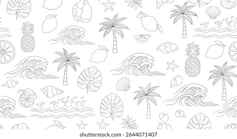 A seamless pattern of outlined tropical elements: pineapples, palm trees, ocean waves, lemons, seashells, monstera leaves, and starfishes.