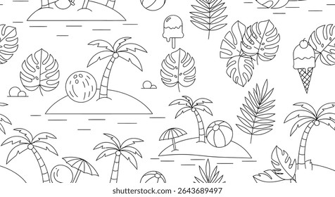 A seamless pattern with outlined tropical leaves, islands with palm trees, ice cream cones, beach balls and umbrellas.