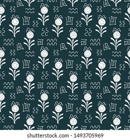 Seamless pattern. Outlines of bizarre plants . Hand drawn Doodle elements. Black and white. Vector Illustration