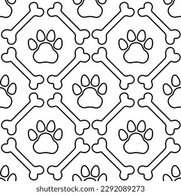 Seamless pattern with outlines of bones and paw prints. Black and white background. Isolated vector illustration eps 10