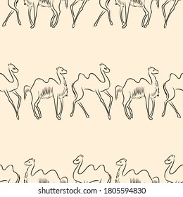 Seamless pattern of outlines camels walking in rows