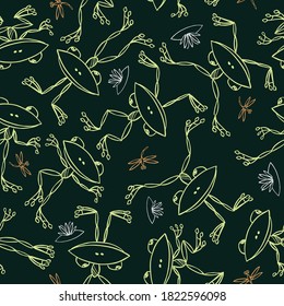 Seamless pattern of outlines cheerful cartoon frogs, dragonflies and water lilies