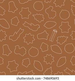 Seamless pattern outlines of Christmas cookies and cinnamon on a brown background. Hand drawing. Vector illustration.