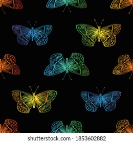 Seamless pattern of outlines colorful  butterflies
