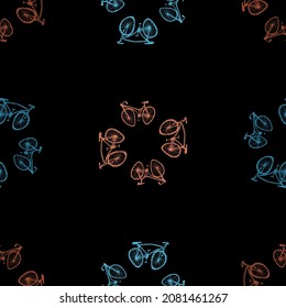 Seamless pattern from outlines colorful curved bicycles