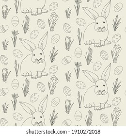 Seamless pattern of the outlines of cute Easter rabbits, eggs and flowers on a beige background. Vector print for Easter paper, fabric.