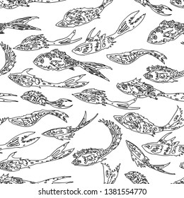 Seamless pattern of outlines of decorative fishes