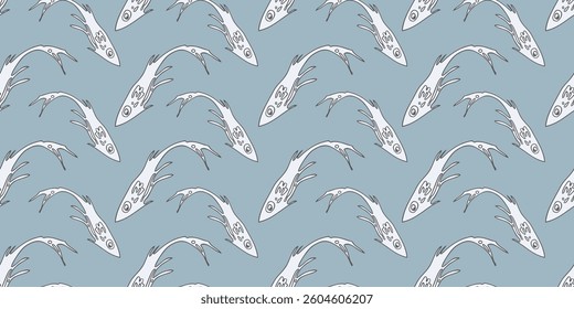 Seamless pattern of outlines decorative fishes, vector background, paper, fabric, wallpaper