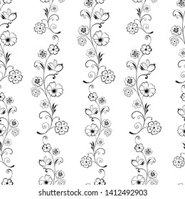 Seamless pattern of outlines of decorative flowers and birds