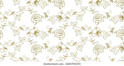 Seamless pattern of outlines decorative flowers with butterflies, vector background, paper, fabric, wallpaper, textile