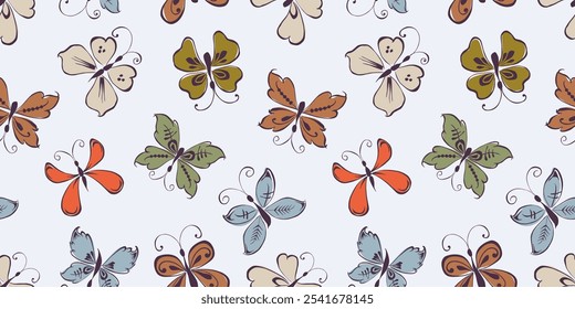 Seamless pattern of outlines decorative flying butterflies, vector background, paper, textile, wrapping, wallpaper, fabric