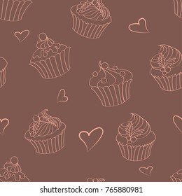 Seamless pattern of outlines delicious Christmas hand drawn cupcakes