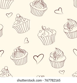 Seamless pattern of outlines delicious Christmas hand drawn cupcakes