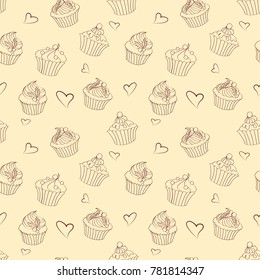 Seamless pattern of outlines delicious Christmas hand drawn cupcakes