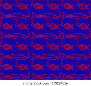 Seamless pattern with outlines of different fish on a blue background.