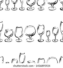 Seamless pattern of outlines of different wine glasses