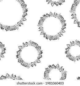 Seamless pattern of outlines fictional cartoon houses in circles