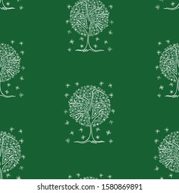 Seamless pattern of outlines flowering tree with flying butterflies