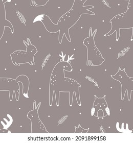 Seamless pattern with the outlines of forest animals. Fox, hare, deer, owl, elk on a brown background. Vector illustration for printing on fabric, nursery clothing, wrapping paper