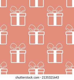 Nahtlose Muster mit den Umrissen der Geschenke. Geometrische Wiederholung eines Kastens. Festliches flaches Design für Verpackung und Druck. Vektorgrafik.