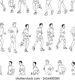 Seamless pattern of outlines group city men jogging