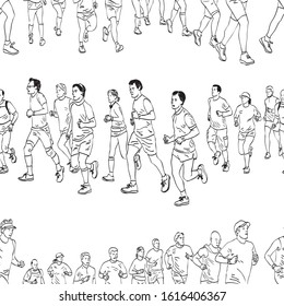 Seamless pattern of outlines group townspeople jogging