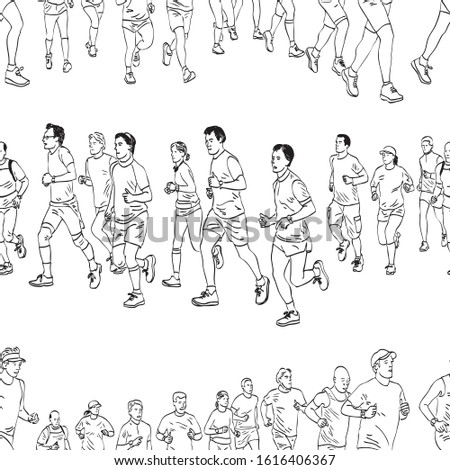 Seamless pattern of outlines group townspeople jogging