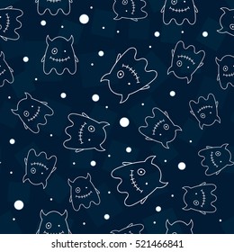 Seamless pattern with outlines of monsters on a dark background