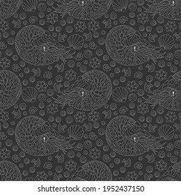 Seamless pattern with outlines nautilus, shells and fish, light contour animals on a dark background