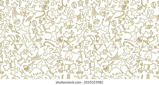 Seamless pattern of outlines new years, christmas symbols, vector background, paper, wrapping, textile, wallpaper