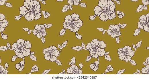 Seamless pattern of outlines pansies flower heads, leaves, buds, vector background, fabric, textile, paper, wallpaper