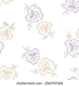 Seamless pattern from outlines pansy flowers with leaves