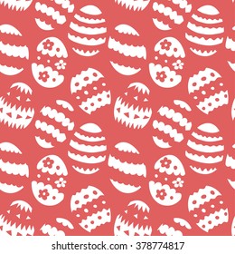 Seamless pattern with outlines of patterned Easter eggs in red and white colors on a red background. Vector eps10.