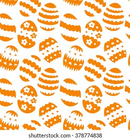 Seamless pattern with outlines of patterned Easter eggs in orange and white colors on a white background. Vector eps10.