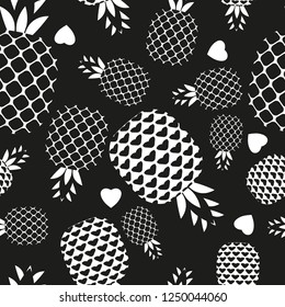 Seamless pattern of outlines of pineapples and hearts. Elements are randomly scattered on a black background.