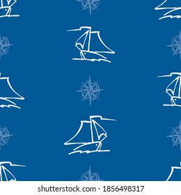 Seamless pattern of outlines sailing yachts in sea
