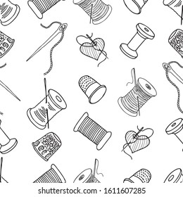 Seamless pattern of outlines sewing needles, thimbles and thread bobbins