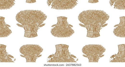 Seamless pattern of outlines sheafs ripe wheat, vector background, wallpaper, paper