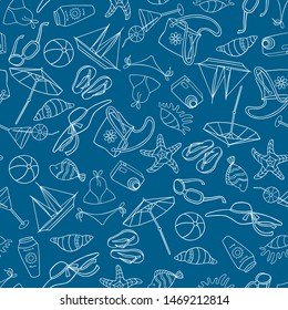Seamless pattern of outlines symbols of beach holidays