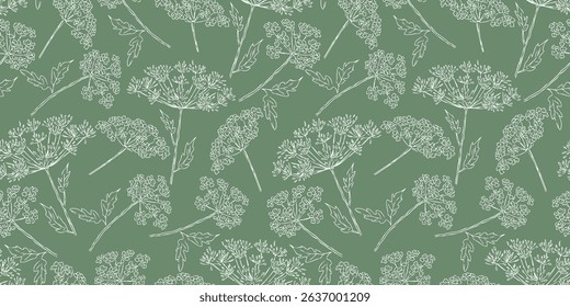 Seamless pattern of outlines umbrella plants, vector hand drawn floral green background, paper, textile, wallpaper, fabric