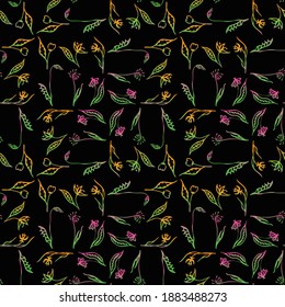 Seamless pattern of outlines various abstract flowers