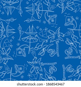 Seamless pattern of outlines various beach holiday symbols