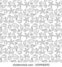 Seamless pattern of outlines various cartoon sea creatures