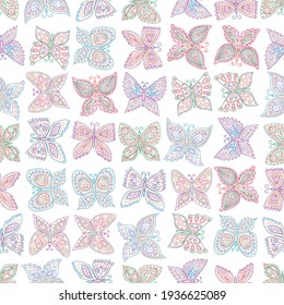 Seamless pattern of outlines various colorful ornamental butterflies