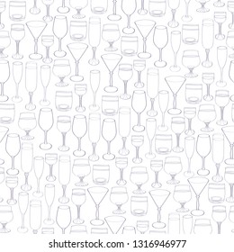 
seamless pattern of outlines of various glasses of blue color on a white background