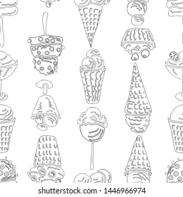 Seamless pattern of outlines of various ice cream in cups,cones and popsicle