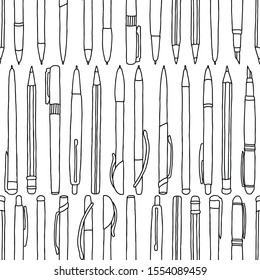 Seamless pattern of outlines various pens and pencils